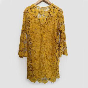Zara Yellow Floral Embroidered Lace Mini Dress 3/4 Sleeve Size M